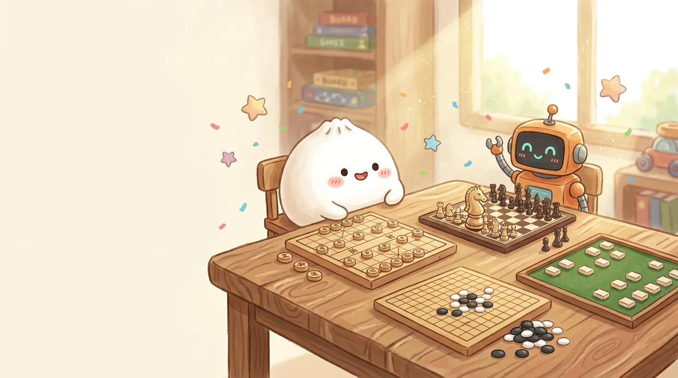 团子和小机器人围着四种棋盘对弈的插画（AI 生成）
